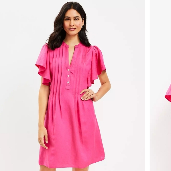 Loft NWT Linen Blend Vibrant Pink Mini Dress with Flutter Sleeves Size Small - Picture 1 of 10